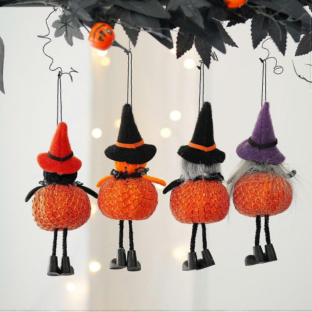 4PCS Halloween Decorations Gold-Threaded Pumpkin Witch Figurine Mini Hanging Ornaments