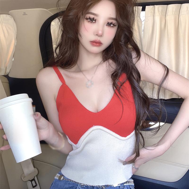 

Женские укороченные топы, летние тонкие вязаные жилеты с v-образным вырезом, слинги без рукавов, камзол с цветными блоками, сексуальные элегантные уличные женские жилеты