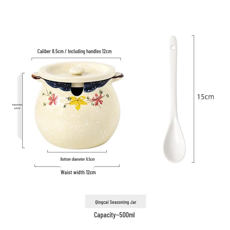 Japanese Double-Handle Ceramic Lard & Chili Oil Jar, Large Capacity, Heat-Resistant, with Lid & Spoon