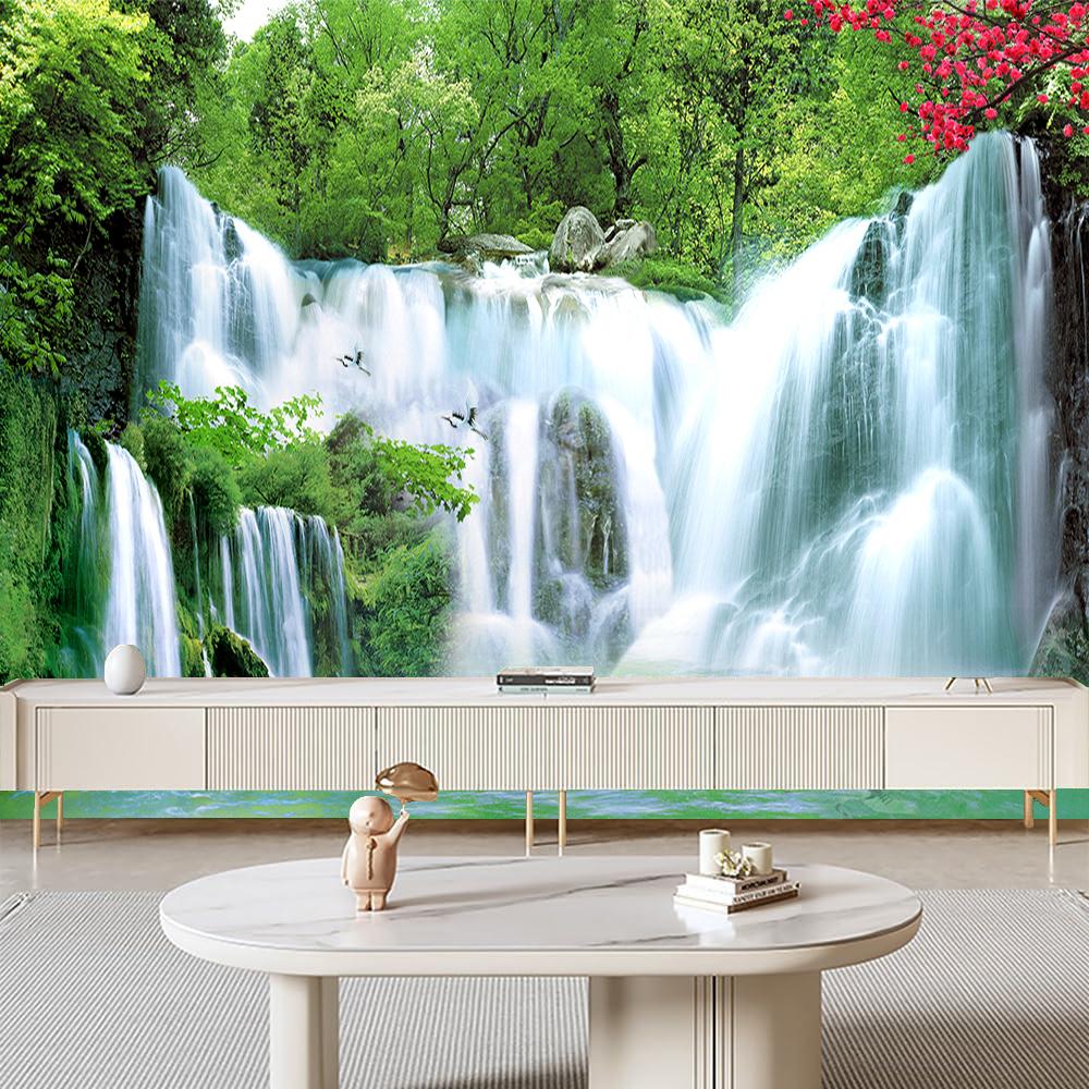Forest Waterfall Scenery Wall Mural Green Scenery Wallpaper Living Rooms Bedrooms Waterfall Wallpaper