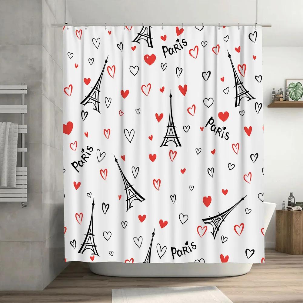 Fashionable shower curtain featuring iconic Eiffel Tower design with red hearts pattern for romantic Paris theme decor in bathro