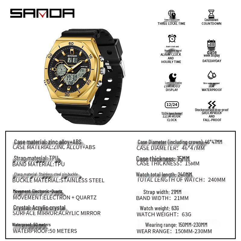 SANDA Multifunctional Sports Watch - Large Dial, Luminous, Waterproof Design for Students.