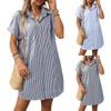 Ladies' Summer Loose Comfortable Casual Fashionable Stripe Print Short Sleeved Cotton Linen Medium Length Shirt Dress