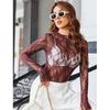 Women's Mesh Top Long Sleeve Mock Neck Sheer Blouse See Through Floral Lace Tops