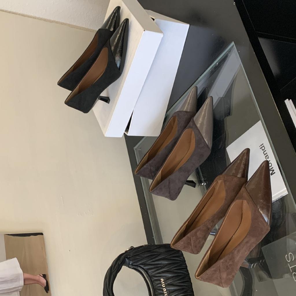 2025 New Korean Version Pointed Head Shallow Mouth Splicing Foot Cover Soft Sole Commuter Work Thin Heel Women's Shoes