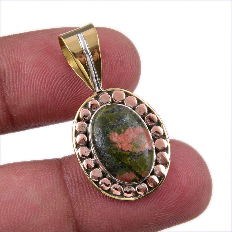 

Natural Unakite Gemstone 925 Solid Sterling Silver Two Tone Pendant 1.25 e4D89