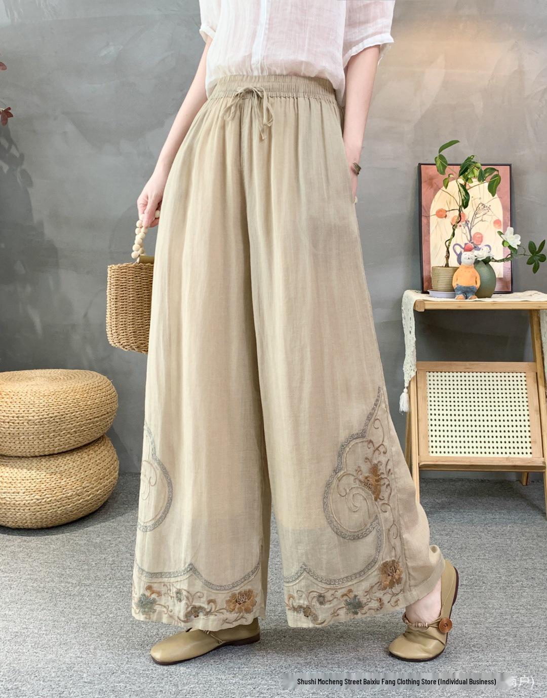 

Spring 2026 New Arrival: Versatile Linen Straight-Leg Elastic Waist Pants - Artistic, Simple, Solid Color, Casual, Comfortable. One Size