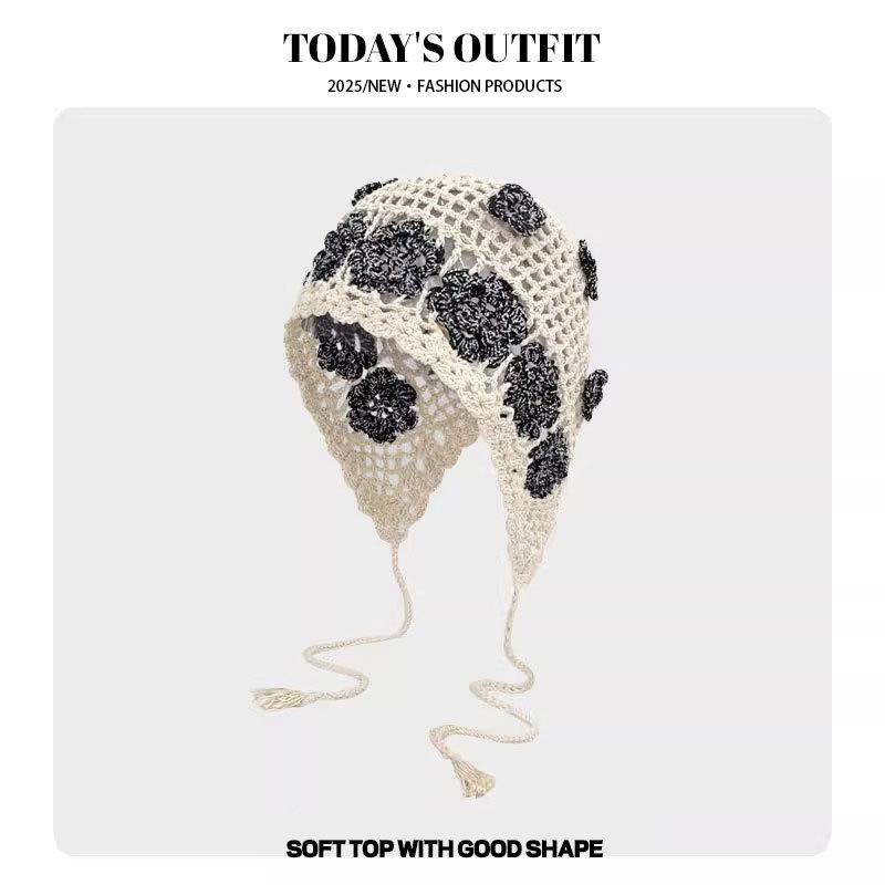 New Spring and Summer Retro Hollow Woven Tassel Bag Head Hat Women's Literary Knit Hat Ear Protection Strap Pullover Hat