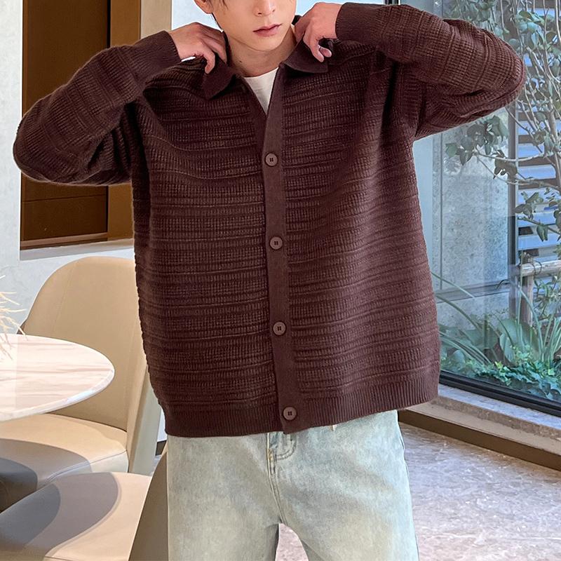 Lightly Mature Korean Style Black Turn-down Collar Knitted Cardigan Coat Men's Autumn Wear High-Grade Casual Sweater