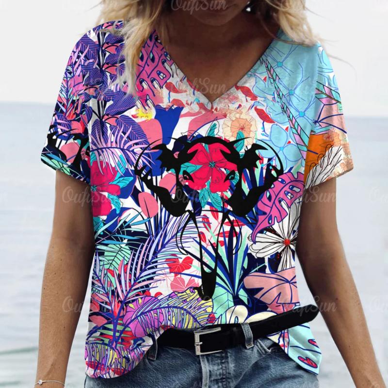 2024 Sommer Damen Floral T-Shirt Mode Tops Tees Weiblich Täglich Lässig V-Ausschnitt Kurzarm Kleidung Damen Stilvolle Streetwear