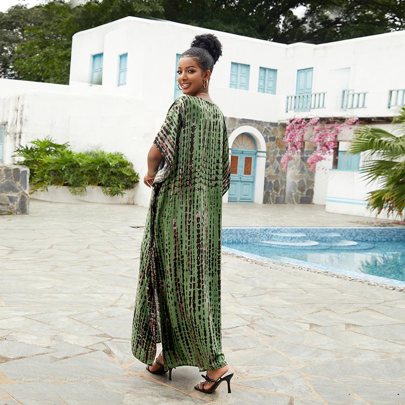 EDOLYNSA Damska artystyczna sukienka plażowa Plus rozmiar tunika w paski dekolt w kształcie litery V Tie-Dye sukienka Kaftan lekka swobodna odzież domowa Q1218