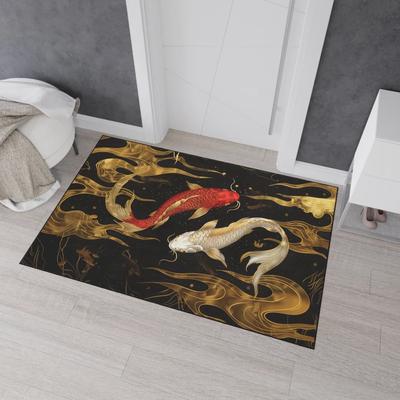 Koi Fisch Fußmatte für Innen und Außen Traditionelles Japanisches Kunstdesign Schwerlast Rutschfest Goldene Fußmatte Ausgewogene Bodendekoration
