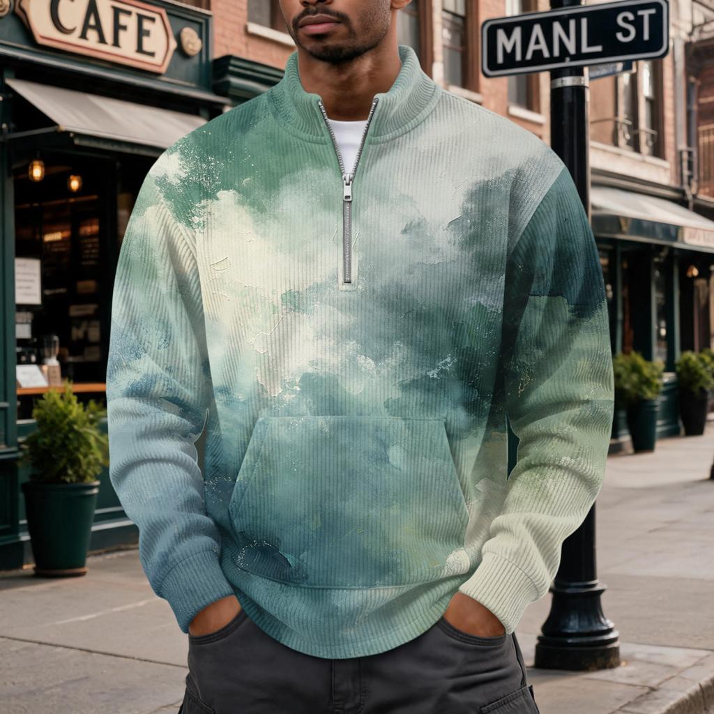 Men's Retro Corduroy Long Sleeve Shirt with Stand Collar and Pocket, Printed Casual Top