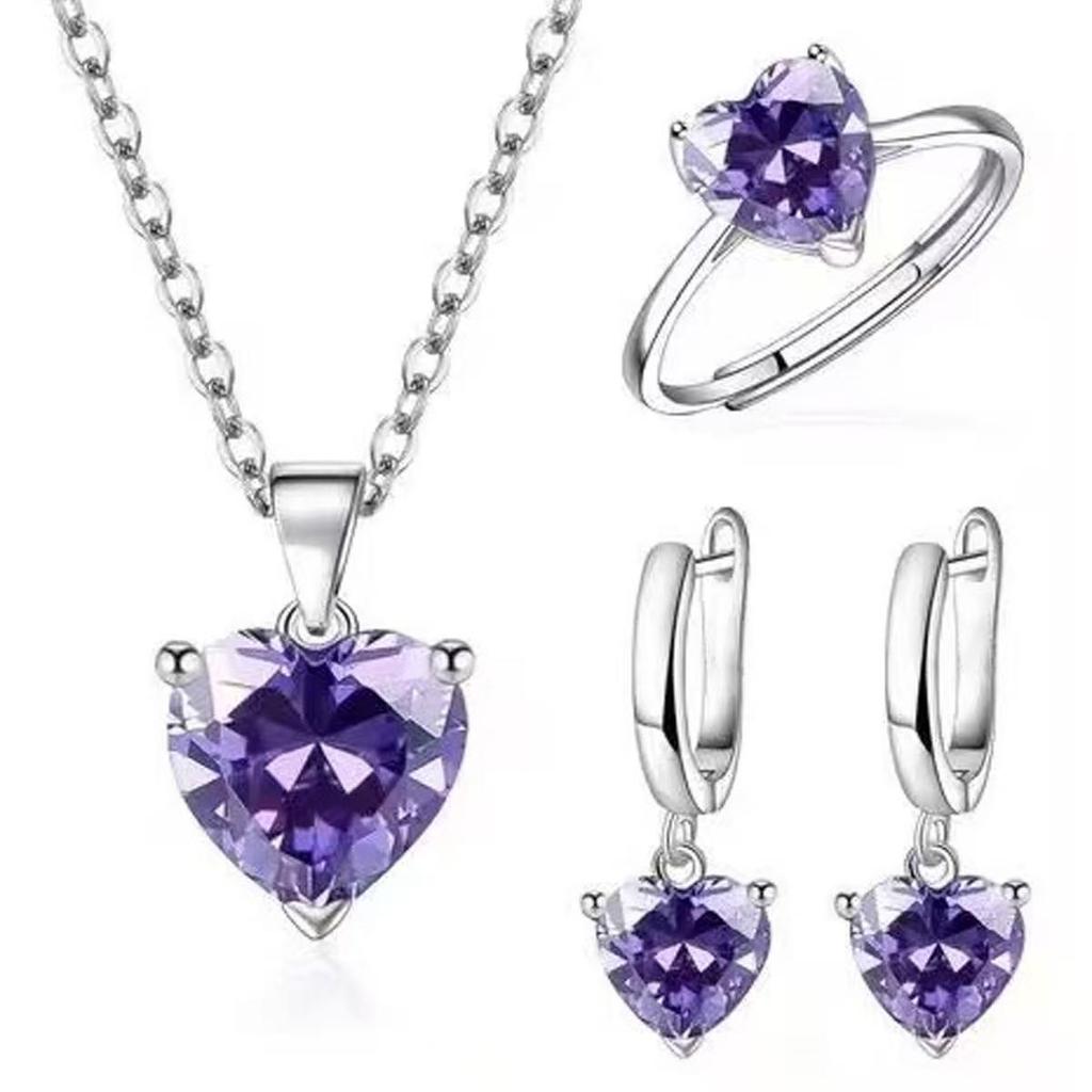 Zircon Heart Pendant Necklace & Ring Love Set for Women - 3 Piece Set