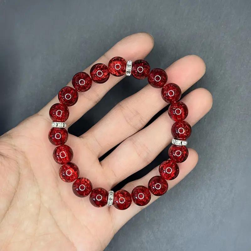 10mm Red Glass & Natural Stone Beaded Bracelet with Elastic Cord for Men and Women