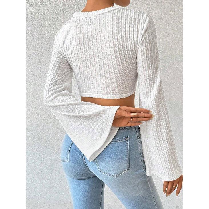 New Women'S Artistic And Elegant T-Shirt With Autumn And Winter Tassel Design And Flared Sleeves Short Top