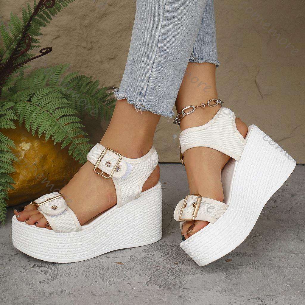 Comemore Summer New Denim Sandals Women Thick Bottom Height Increase Belt Buckle Leisure Beach Shoes Hih Heels Wedegs Sandales