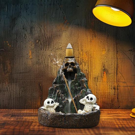 Halloween Skull Mountain Backflow Incense Burner Waterfall Incense Holder with 12 Incense Cones And Stick Resin Aromatherapy Holder for Gothic