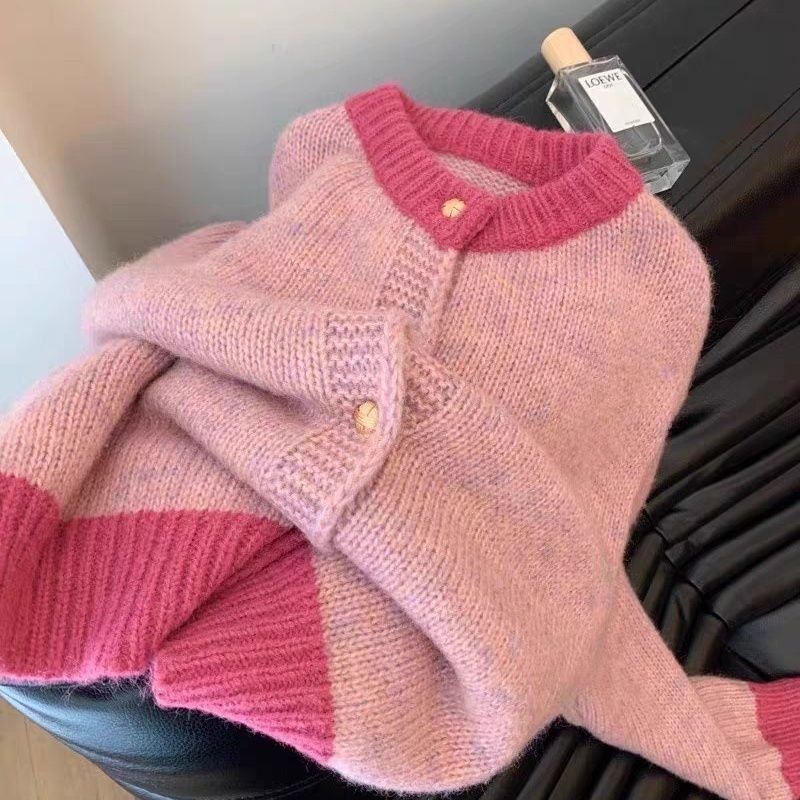 

Color Blocked Women s Cardigan Single Breasted Crew Neck Knitted Sweater Korean Woman Casual Warm Fashion Outerwear Top Onesize розовый