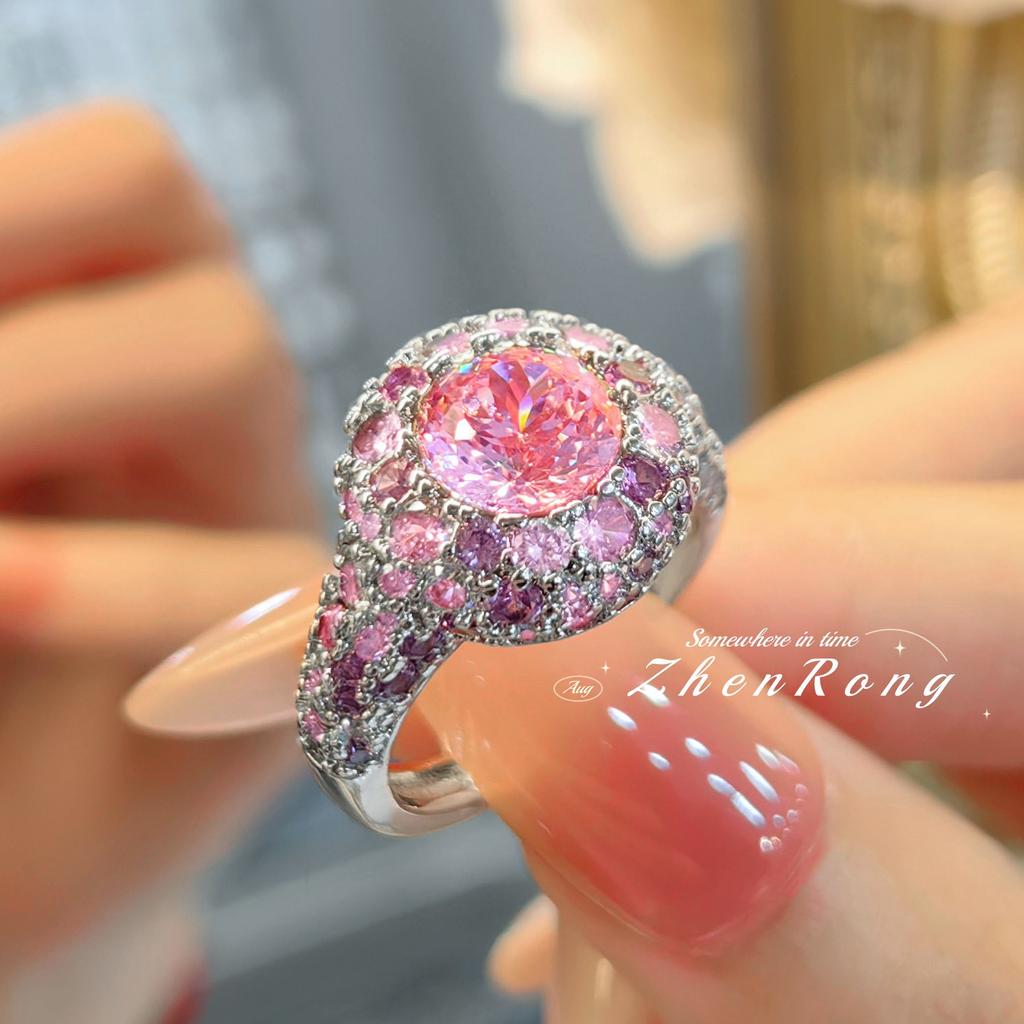 Bird‑Nest Cut Full‑Pavé Ring Royal‑Style Rose Gradient Pink Zircon Medieval Old‑Money Super Sparkling Starry Decor Finger Ring