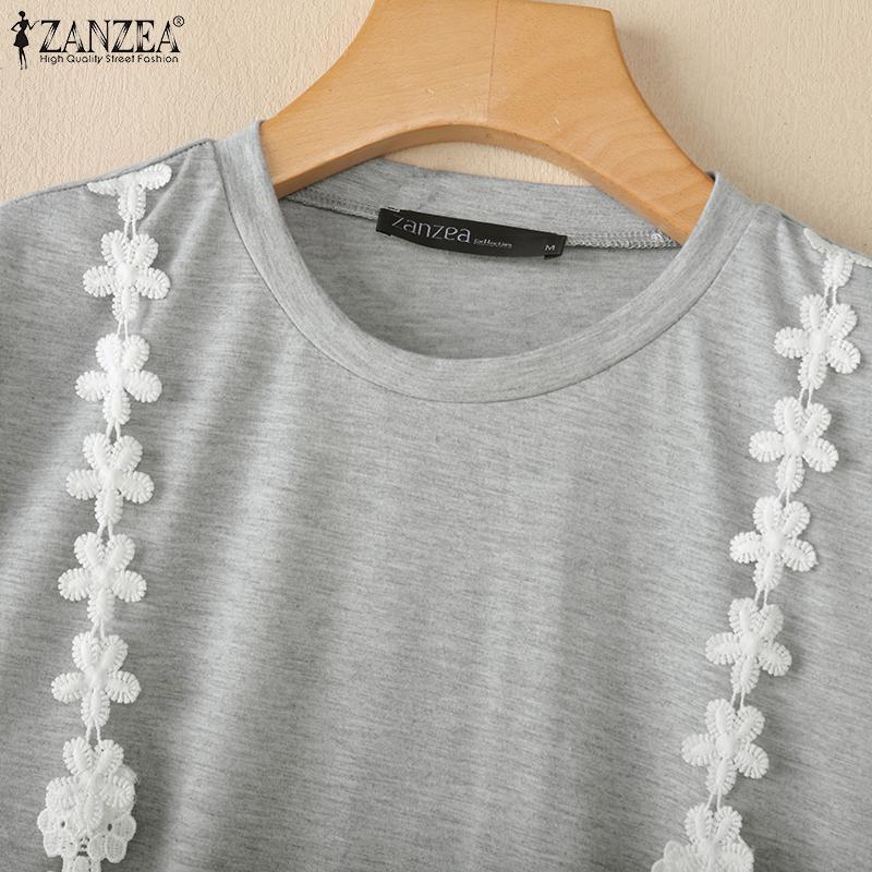 ZANZEA Women Summer Round Neck Lace Patchwork Casual Short Sleeve T-shirt