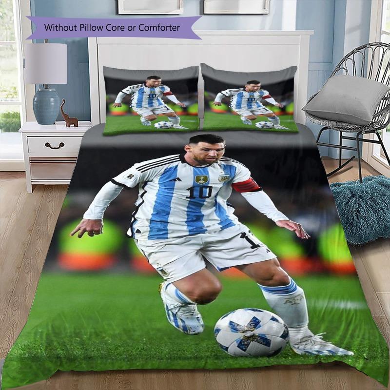 Lionel Messi GOAT Argentina No.10 Green Grass Print 3Pcs Bedding Set Without Pillow Core Washable Microfiber Football Fan Bedroom Duvet Cover Set