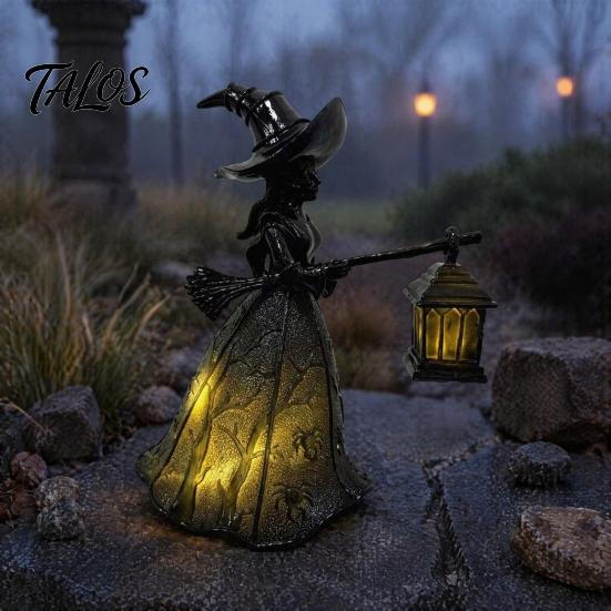 Gothic Halloween Decorations Witch Holding Lantern Light, with Spider Web Pattern Decor, Vintage Style Resin Glowing Sculpture, for Indoor And Outdoor
