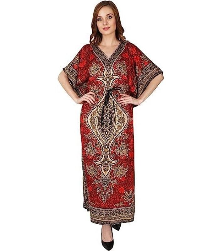 TreegoArt Fashion Women's Polyester Long Kaftan Caftan Printed Adjustable Boho Dress Nightwear Maxi Gown