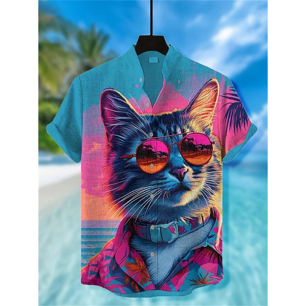 Men's Street Style Short-sleeved Shirt, Quirky Black Cat and Shark Print Casual Men's Top, Trendy and Fashionable Hawaiian Shirt