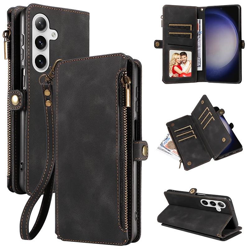 Flip Zipper Wallet Cards Solt Leather Case for Samsung Galaxy S25 Ultra S24 Plus S23 S22 A55 A15 A35 A34 A54 Phone Bags Cover