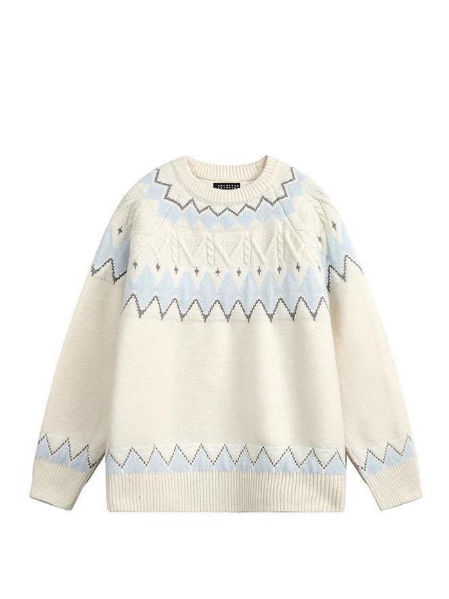 White Fair Isle Retro Women's Pullover - Autumn/Winter Korean Style, Soft Round Neck Loose Knit Sweater