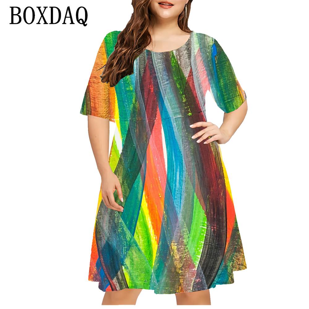 Women s Gradient Painting Striped 3d Printing Dress Fashion Casual Short-sleeved Loose Dress Ladies Summer Women s Clothes S