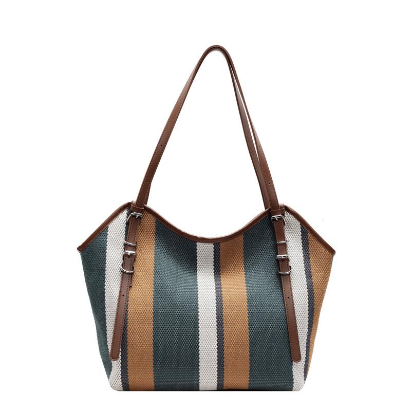 

Полосатая парусиновая женская сумка повседневная и легкая сумка-тоут большой вместимости модная универсальная полосатая сумка через плечо зелёный