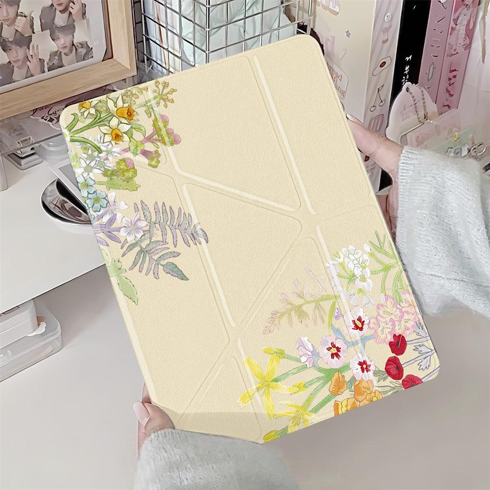 Small Fresh Flowers Are Suitable for iPadPro 11-inch Y Folded Edge Sticker, Flat Protective Case, Anti-drop Soft Case with Pen Slot