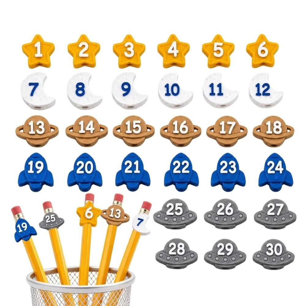 6/30PCS Space-Themed Numbered Pencil Toppers Reusable Pencil Labels Classroom Organization