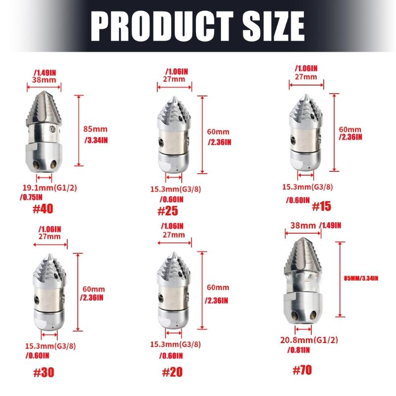 Highly-Pressure Rotary Sewer Jetting Nozzle G3/8 Thread 15L-70l/Mins Flow Option for High Efficiency Drain Cleaning
