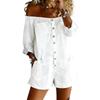 Women's Fashion Retro Off-Shoulder Long-Sleeved Loose Denim Washed Jumpsuit Shorts