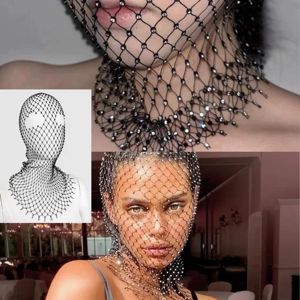 Rhinestone Fishnet Face Veil, High-End Photo Prop, Stylish & Creative Grid Sparkly Headpiece Head Veil Accessory