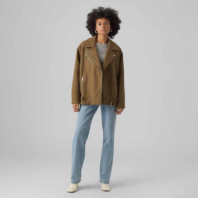 Blouson Motard Femme Vero Moda En Cuir De Chèvre - Coupe Courte, Couleur Grise, Taille XS, Occasion Très Bon état