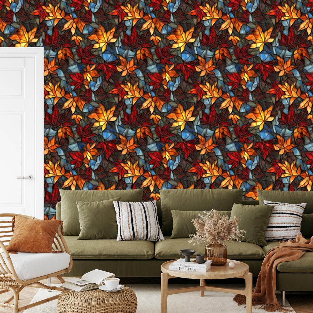 Burgundy, rust and orange stained glass wallpaper for living room and bedroom 50x1000