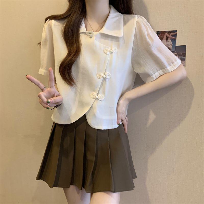 

Женский летний топ для похудения и пышных девушек с рукавами-фонариками и застежкой на пуговицы из шифона в китайском стиле XL абрикосовый