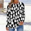 Women's Long Sleeve Casual Pullover Sweatshirt Halloween Ghost Pattern Round Neck Top Lightweight Comfortable Fit