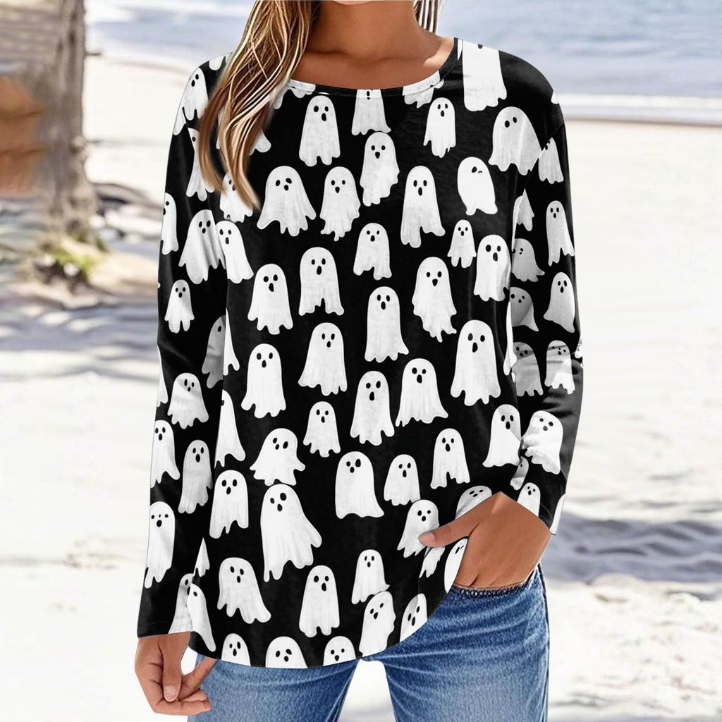 Women's Long Sleeve Casual Pullover Sweatshirt Halloween Ghost Pattern Round Neck Top Lightweight Comfortable Fit