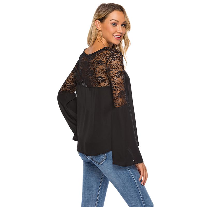 Fashion Women's Lace Stitching Trumpet Sleeves Drawstring Top