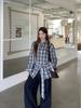 Women's Retro Korean Blue Plaid Tie-Waist Shirt - Long-Sleeve Top for Spring/Autumn 2026