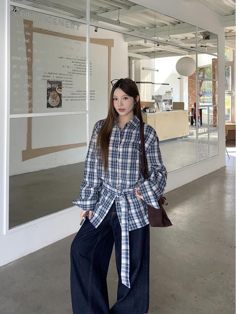 Women's Retro Korean Blue Plaid Tie-Waist Shirt - Long-Sleeve Top for Spring/Autumn 2026