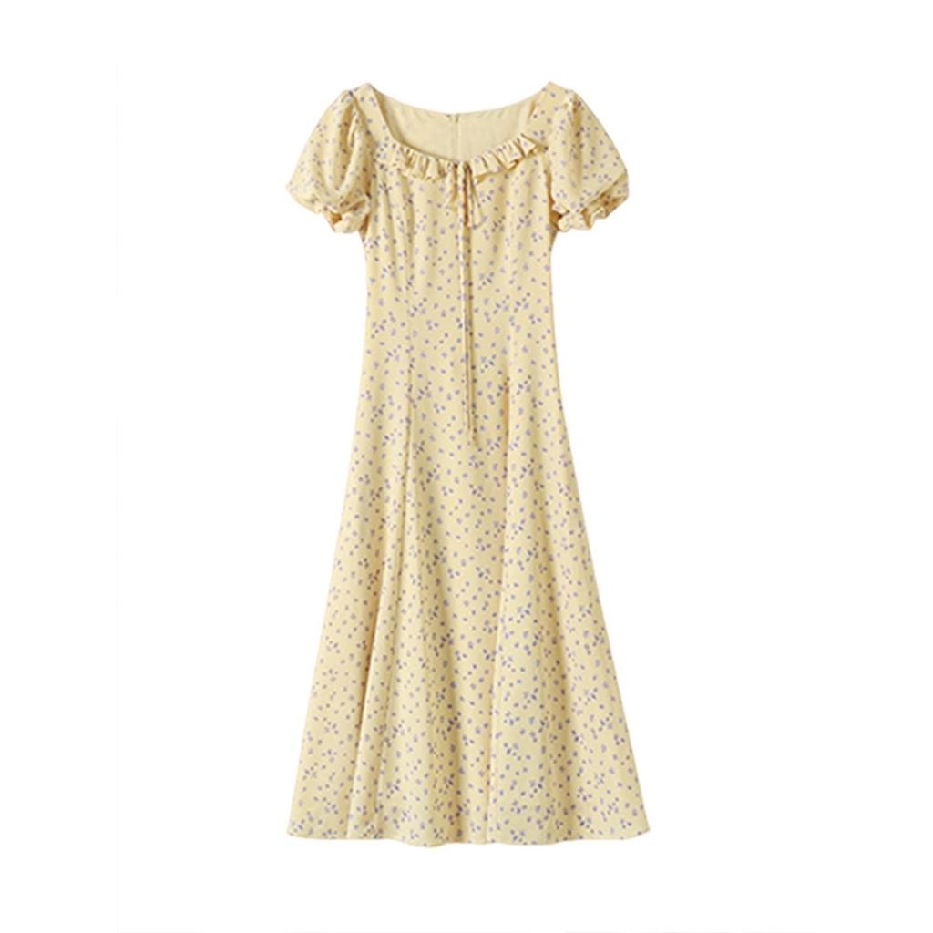 New summer beautiful long dress, small dopamine wear French yellow floral dress, women's clothing
