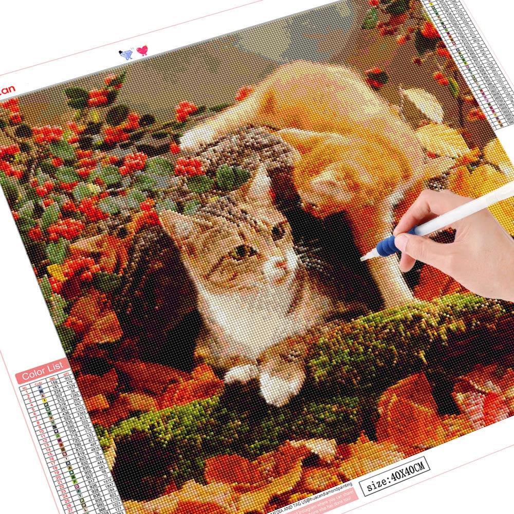 5D DIY Full Diamond Painting Cat Cross Stitch Kits Embroidery Needlework Sets Diamond Mosaic Animal Autumn Decorations