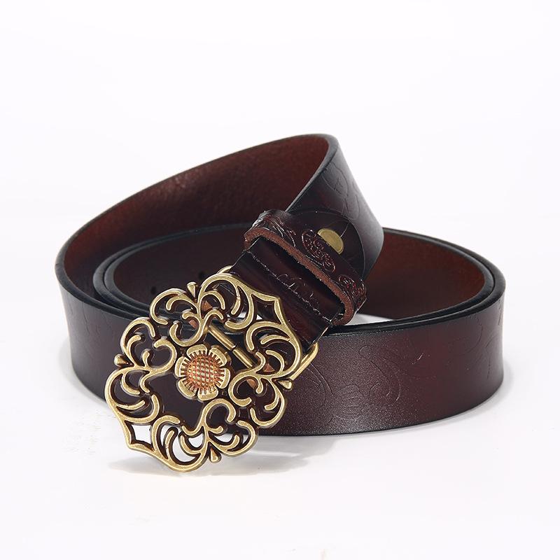 

Кожаный ремень женский из воловьей кожи широкий ремень джинсы стильный простой декор гладкая пряжка ночной рынок ларек 110cm темно-коричневого