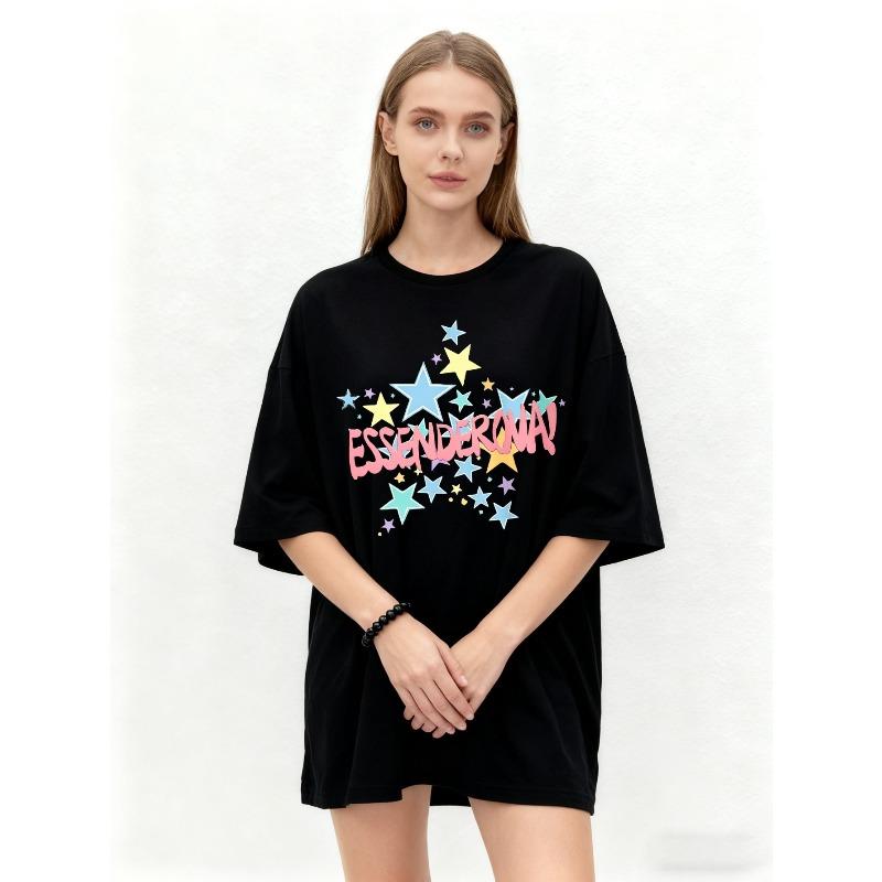 Oversized T Shirt Black Essential Star Print Graphic Tee Casual Streetwear Fashion Top Women Summer Outfit
